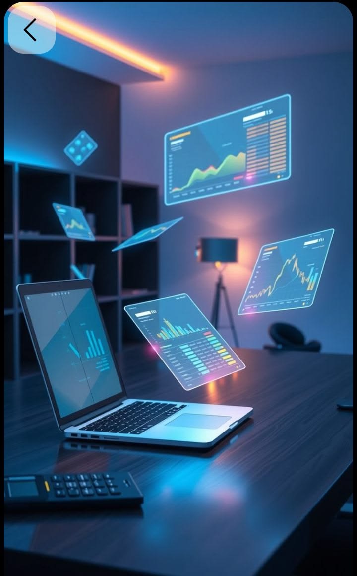 Holographic AI dashboards floating above a workstation